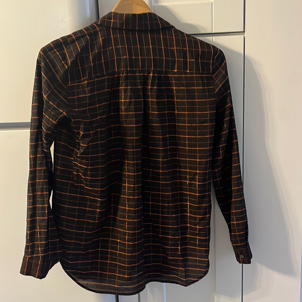 Ann Taylor XSP Black & orange sparkling thread plaid shirt. - Picture 2 of 4